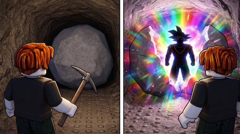 Offizielles My-Anime-Mine-Artwork: Ein Minenarbeiter zerschlägt einen Felsen, aus dem ein Anime-Charakter im Regenbogenlicht hervortritt